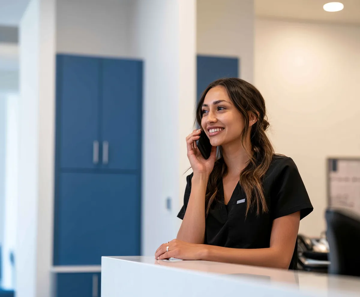 A Premier Hematology referral coordinator on the phone at the front desk