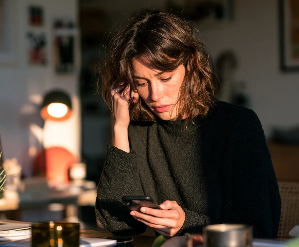 A woman at home checking her phone while waiting for a specialist appointment